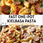 Close-up of one-pot creamy kielbasa pasta with penne, sausage slices, and creamy sauce.